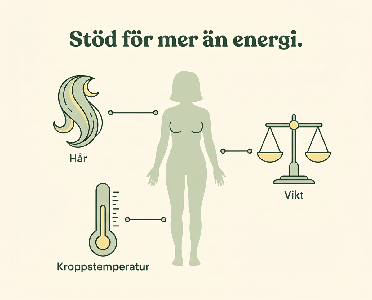 Stöttar hår, vikt och kroppsreglering.